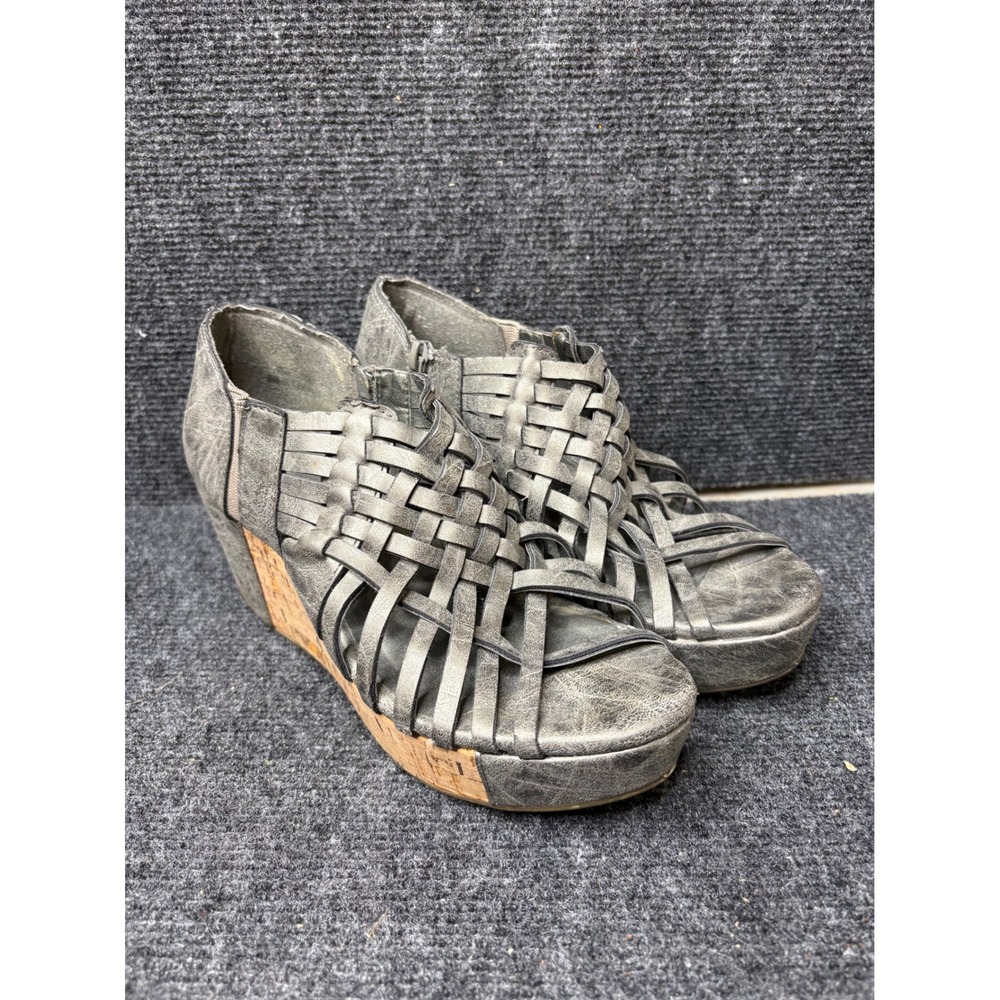 Corkys Note Womens 7 Gray Pewter Woven Cage Cork Wedge Platform Sandals Zipper